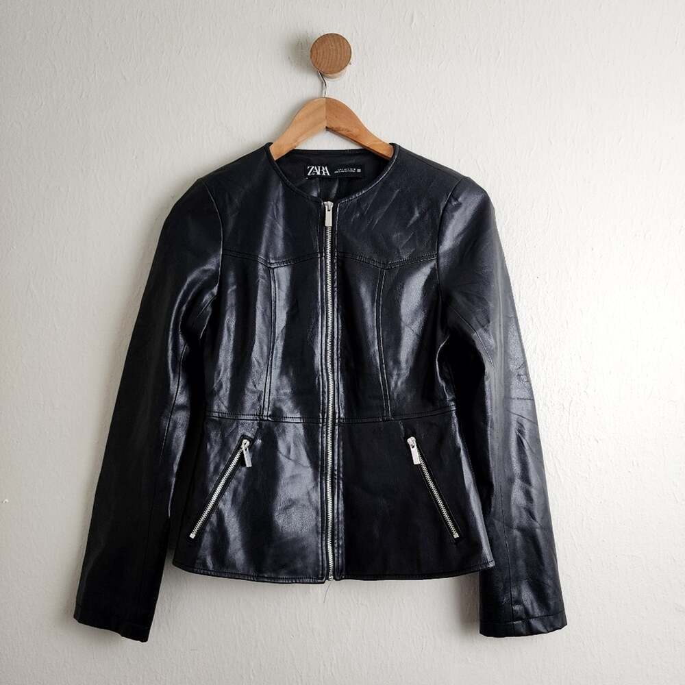 Zara Black Faux Leather Collarless Moto Biker Jacket Full Zip Fitted Small
